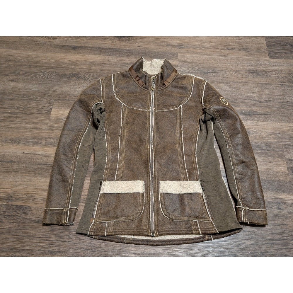 KUHL Dani Sherpa Jacket Womens Large Brown Faux Suede Full Zip Fleece No Hood